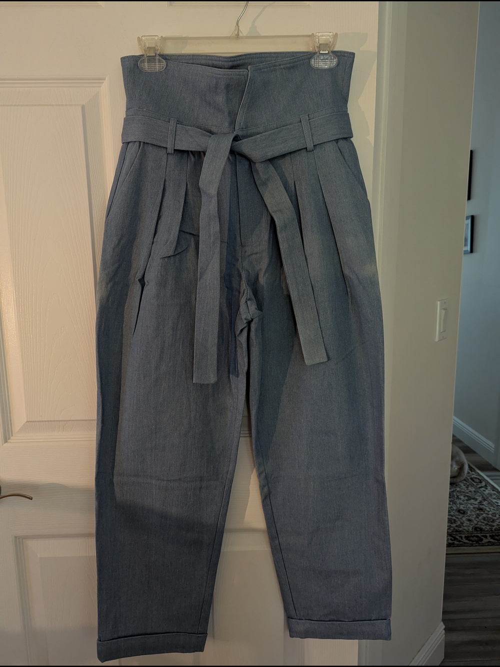 High-Waist Paperbag Straight-Leg Pants in Slate Blue